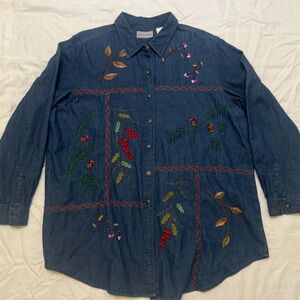 Madison Ave XL Embroidered Denim Shirt Jacket Floral Botanical Boho Western